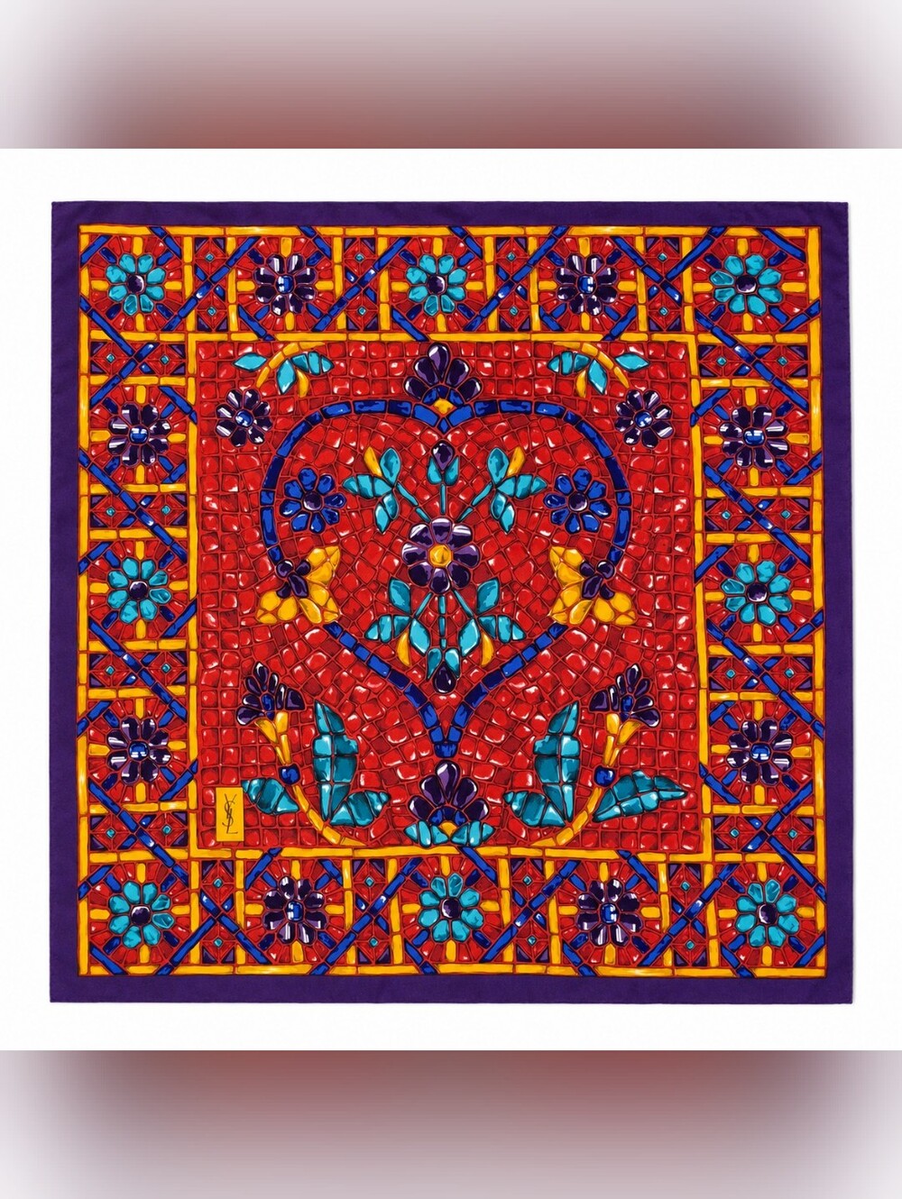 Authentic Vintage Yves Saint Laurent YSL Silk Scarf Mosaic Heart Floral Italy